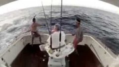 Marlin jumps into boat, fisherman jumps out