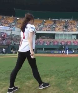 Gymnast Shin Soo-Ji throws first pitch