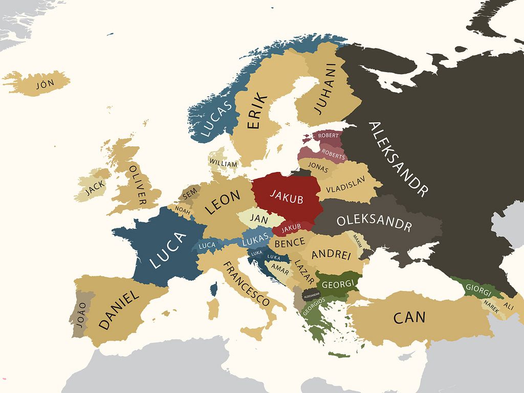 Map of Europe with Most Popular Given Male Names per Country
