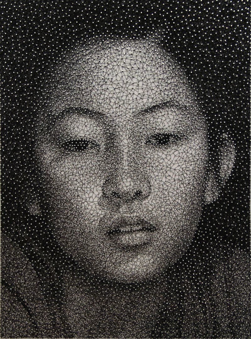 Portrait Made From a Single Thread Wrapped Around Thousands of Nails