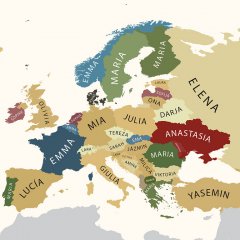 Map of Europe with Most Popular Given Female Names per Country