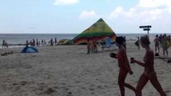 Giant inflatable slide blown over by powerful winds