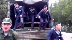 Russian soldiers endlessly exit transport truck