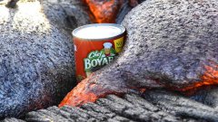 Can Of Chef Boyardee Ravioli Being Smothered By Lava